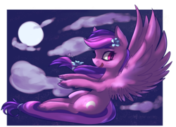 Size: 1280x928 | Tagged: safe, artist:voidsucre, oc, oc only, oc:moonlight blossom, pegasus, pony, blushing, cloud, female, flower, flower in hair, flying, mare, moon, night, open mouth, solo