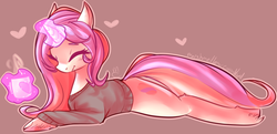 Size: 1280x617 | Tagged: safe, artist:voidsucre, oc, oc only, oc:sugar swirl, pony, unicorn, blushing, brown background, clothes, eyes closed, female, glowing horn, heart, horn, magic, mare, mug, prone, simple background, smiling, solo, sweater, telekinesis