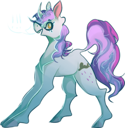 Size: 1280x1309 | Tagged: safe, artist:voidsucre, oc, oc only, pony, unicorn, curved horn, dock, exclamation point, female, horn, looking at you, mare, open mouth, smiling, solo, speech bubble