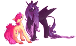 Size: 1280x772 | Tagged: safe, artist:voidsucre, oc, oc only, oc:lightning hopper, unnamed oc, alicorn, earth pony, pony, alicorn oc, cloven hooves, duo, female, floppy ears, leonine tail, long hair, looking at each other, mare, nervous, not apple bloom, raised hoof, scared, simple background, transparent background, wavy mouth