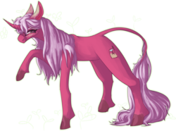 Size: 1280x951 | Tagged: safe, artist:voidsucre, oc, oc only, pony, unicorn, art trade, blushing, cloven hooves, female, floppy ears, leonine tail, mare, raised hoof, simple background, solo, transparent background