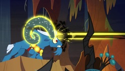 Size: 1920x1080 | Tagged: safe, screencap, grogar, lord tirek, queen chrysalis, changeling, changeling queen, frenemies (episode), g4, angry, blast, female, glowing horn, horn, magic, magic beam, magic blast, male, solo focus