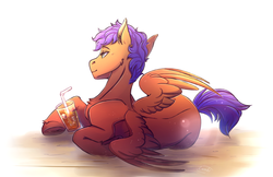 Size: 2560x1657 | Tagged: safe, artist:1an1, oc, oc only, oc:ricochet, pegasus, pony, drink, glass, juice, male, simple background, solo, straw, underhoof, unshorn fetlocks, white background, ych result