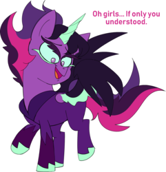 Size: 1546x1603 | Tagged: safe, artist:taaffeiite, derpibooru exclusive, sci-twi, twilight sparkle, pony, equestria girls, g4, bodysuit, dialogue, equestria girls ponified, female, mare, midnight sparkle, offscreen character, open mouth, ponified, raised hoof, simple background, spread wings, text, transparent background, wings
