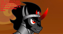 Size: 1328x704 | Tagged: safe, edit, edited screencap, screencap, king sombra, pony, g4, the crystal empire, armor, bags under eyes, black mane, castlevania, castlevania (netflix), dracula, gray coat, impact font, male, male focus, offscreen character, red eyes, reference, solo focus, stallion, tl;dr