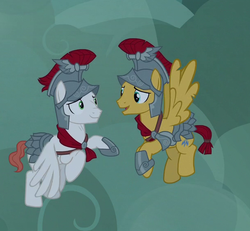 Size: 611x564 | Tagged: safe, screencap, albus, flash magnus, pegasus, pony, campfire tales, g4, armor, cropped, duo, flying, helmet, hoof shoes, male, smiling, stallion, wings