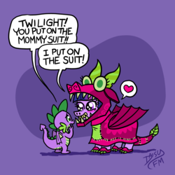 Size: 1280x1280 | Tagged: safe, artist:coyotecoyote, spike, twilight sparkle, alicorn, dragon, pony, g4, uncommon bond, blushing, clothes, costume, cute, dialogue, dragon costume, eye contact, female, grin, happy, heart, looking at each other, male, mama twilight, open mouth, pictogram, purple background, simple background, smiling, speech bubble, spikabetes, squee, starry eyes, tail, twiabetes, twilight sparkle (alicorn), wingding eyes, winged spike, wings