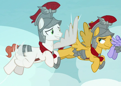 Size: 877x628 | Tagged: safe, screencap, albus, flash magnus, iron eagle, pegasus, pony, campfire tales, g4, armor, cropped, flying, helmet, high wing, hoof shoes, hooves, male, smiling, stallion, wing hands, wings