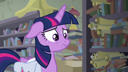 Size: 1280x720 | Tagged: safe, screencap, twilight sparkle, alicorn, pony, g4, the point of no return, book, bookshelf, female, floppy ears, mare, saddle bag, scroll, solo, sweat, twilight sparkle (alicorn)