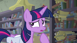 Size: 1280x720 | Tagged: safe, screencap, twilight sparkle, alicorn, pony, g4, the point of no return, book, bookshelf, female, mare, saddle bag, scroll, solo, twilight sparkle (alicorn)