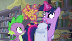 Size: 1280x720 | Tagged: safe, screencap, spike, twilight sparkle, alicorn, dragon, pony, g4, the point of no return, bits, book, bookshelf, money, saddle bag, scroll, twilight sparkle (alicorn), winged spike, wings