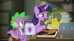 Size: 1920x1080 | Tagged: safe, screencap, spike, twilight sparkle, alicorn, dragon, pony, g4, the point of no return, bits, book, bookshelf, lamp, money, saddle bag, scroll, twilight sparkle (alicorn), winged spike, wings