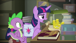 Size: 1280x720 | Tagged: safe, screencap, spike, twilight sparkle, alicorn, dragon, pony, g4, the point of no return, bits, book, bookshelf, lamp, money, saddle bag, scroll, twilight sparkle (alicorn), winged spike, wings