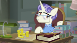 Size: 1920x1080 | Tagged: safe, screencap, first folio, pony, g4, the point of no return, bits, book, bookshelf, female, lamp, money, solo