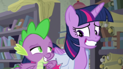 Size: 1920x1080 | Tagged: safe, screencap, spike, twilight sparkle, alicorn, dragon, pony, g4, the point of no return, book, bookshelf, saddle bag, scroll, twilight sparkle (alicorn), winged spike, wings