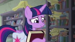 Size: 1920x1080 | Tagged: safe, screencap, twilight sparkle, alicorn, pony, g4, the point of no return, book, bookshelf, female, mare, saddle bag, scroll, solo, twilight sparkle (alicorn)