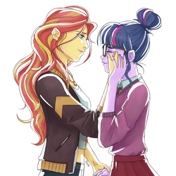 Size: 1000x1000 | Tagged: safe, artist:pyroprye, sci-twi, sunset shimmer, twilight sparkle, human, equestria girls, g4, clothes, comforting, crying, duo, eyes closed, female, geode of empathy, glasses, hair bun, holding hands, jacket, leather jacket, looking at each other, magical geodes, midriff, necktie, simple background, white background