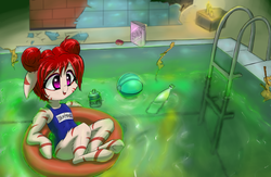 Size: 2500x1627 | Tagged: safe, artist:mistleinn, oc, oc only, oc:rampage, earth pony, pony, fallout equestria, fallout equestria: project horizons, alternate hairstyle, clothes, fanfic art, female, pink eyes, radioactive, red hair, solo, swimming pool, swimsuit, water