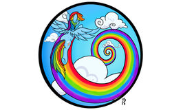 Size: 1280x820 | Tagged: safe, artist:dawn-designs-art, rainbow dash, pegasus, pony, g4, behind, circle, cloud, female, flying, rainbow, rainbow trail, sky, solo, spiral