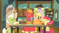 Size: 1259x708 | Tagged: safe, screencap, apple bloom, applejack, big macintosh, granny smith, earth pony, pony, g4, going to seed, blueberry syrup, breakfast, female, filly, foal, food, kitchen, male, mare, mouth hold, pancakes, sleepy, stallion, syrup, tired