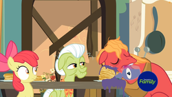 Size: 1259x708 | Tagged: safe, screencap, apple bloom, big macintosh, granny smith, earth pony, pony, g4, going to seed, blueberry syrup, breakfast, discovery family logo, eyes closed, female, filly, foal, food, male, mare, pancakes, sleeping, sleepy, spill, stallion, syrup, trio
