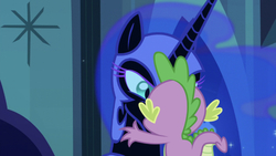 Size: 641x361 | Tagged: safe, edit, edited screencap, editor:undeadponysoldier, screencap, nightmare moon, spike, alicorn, dragon, pony, g4, the cutie re-mark, alternate timeline, angry sex, castle of the royal pony sisters, female, flowing mane, interspecies, kiss on the lips, kissing, making out, male, mare, nightmare takeover timeline, shipping, spikemoon, stars in mane