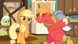 Size: 1259x708 | Tagged: safe, screencap, applejack, big macintosh, granny smith, cat, earth pony, pony, g4, going to seed, all new, discovery family logo, eyes closed, female, goldie delicious' cats, male, mare, raised hoof, sleepy, stallion, text