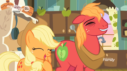 Size: 1259x708 | Tagged: safe, screencap, applejack, big macintosh, earth pony, pony, g4, going to seed, all new, black eye, brother and sister, discovery family logo, duo, eyes closed, female, kitchen, laughing, male, mare, siblings, stallion, text