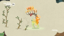 Size: 1259x708 | Tagged: safe, screencap, the great seedling, deer, dryad, elk, g4, going to seed, all new, branches for antlers, discovery family logo, female, sapling, solo, text