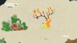 Size: 1259x708 | Tagged: safe, screencap, the great seedling, deer, dryad, elk, g4, going to seed, all new, apple tree, branches for antlers, discovery family logo, farm, female, leaping, solo, text, tree