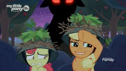 Size: 1672x940 | Tagged: safe, screencap, apple bloom, applejack, big macintosh, the great seedling, earth pony, pony, g4, going to seed, season 9, apple sisters, female, filly, foal, helmet, mare, night, raised hoof, red eyes, scared