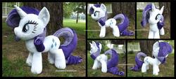 Size: 3870x1754 | Tagged: safe, artist:peruserofpieces, rarity, pony, unicorn, g4, female, from behind, front view, horn, irl, mare, photo, plushie, profile, smiling, solo, toy