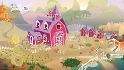 Size: 1259x708 | Tagged: safe, screencap, g4, going to seed, all new, apple, apple tree, chicken coop, discovery family logo, farm, food, garden, male, no pony, pit trap, sweet apple acres, sweet apple acres barn, text, trap (device), tree