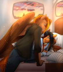 Size: 2323x2667 | Tagged: safe, artist:blackblood-queen, oc, oc only, oc:daniel dasher, oc:singe, dracony, hybrid, pegasus, anthro, anthro oc, bed, couple, gay, high res, lichtenberg figure, lichtenberg scar, looking at each other, male, morning, oc x oc, pillow, scar, shipping, stallion, story in the source
