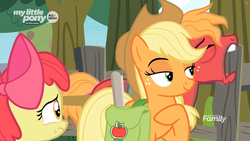 Size: 1259x708 | Tagged: safe, screencap, apple bloom, applejack, big macintosh, earth pony, pony, g4, going to seed, all new, apple siblings, apple tree, discovery family logo, female, fence, filly, foal, lidded eyes, male, mare, open mouth, saddle bag, sleepy, stallion, sweet apple acres, text, tree, yawn