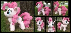 Size: 3795x1754 | Tagged: safe, artist:peruserofpieces, pinkie pie, earth pony, pony, g4, female, front view, happy, irl, mare, photo, plushie, profile, smiling, solo, toy