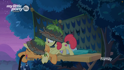 Size: 1259x708 | Tagged: safe, screencap, apple bloom, applejack, earth pony, pony, g4, going to seed, all new, binoculars, camouflage, discovery family logo, drool, hat, sleeping, text, tree, wake up