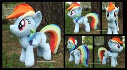 Size: 3187x1754 | Tagged: safe, artist:peruserofpieces, rainbow dash, pegasus, pony, g4, female, folded wings, from behind, front view, irl, mare, photo, plushie, profile, smiling, solo, toy, wings