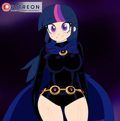 Size: 800x807 | Tagged: safe, artist:raydonxd, twilight sparkle, human, equestria girls, g4, breasts, busty twilight sparkle, clothes, commission, cosplay, costume, crossover, cute, female, humanized, patreon, patreon logo, raven (dc comics), solo, tara strong, twiabetes, twiraven, voice actor joke