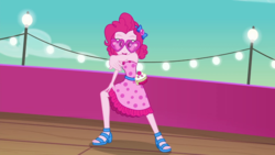 Size: 1280x720 | Tagged: safe, screencap, pinkie pie, equestria girls, equestria girls series, g4, i'm on a yacht, spoiler:eqg series (season 2), clothes, cute, dancing, diapinkes, dress, dress interior, feet, female, glasses, heart shaped glasses, looking at you, sandals, sleeveless, solo, spots