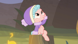 Size: 1280x720 | Tagged: safe, screencap, cozy glow, pegasus, pony, frenemies (episode), g4, animation error, female, filly, fire, not what it looks like, sitting, solo