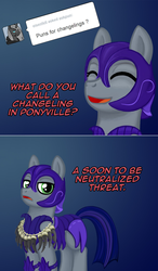 Size: 934x1602 | Tagged: safe, artist:themovedragenda, oc, oc:pun, pony, ask pun, 2 panel comic, agent 707, armor, ask, changeling horn, comic, horn, horn necklace, night guard armor, severed horn, solo