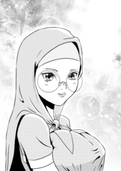 Size: 842x1191 | Tagged: safe, artist:tehwatever, desert flower, human, g4, arm boob squeeze, big breasts, breasts, bust, busty desert flower, clip studio paint, digital art, female, glasses, grayscale, hijab, humanized, looking at you, manga style, monochrome, smiling, solo, somnambula resident