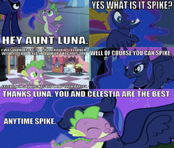 Size: 641x543 | Tagged: safe, edit, edited screencap, editor:undeadponysoldier, screencap, princess luna, spike, alicorn, pony, comic:sleepover with the royal sisters, g4, luna eclipsed, sweet and elite, adorable face, bed, bedroom, blushing, canterlot, caption, comic, cute, daaaaaaaaaaaw, eyes closed, female, hair pulling, hug, image macro, male, mare, nervous, nightmare night, screencap comic, ship:spiluna, shipping, sleepover, spikelove, spread wings, straight, text, wings, wrong aspect ratio