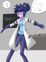 Size: 1936x2592 | Tagged: safe, artist:sketch-bro, sci-twi, twilight sparkle, equestria girls, g4, chalkboard, clock, clothes, dialogue, female, glasses, gloves, goggles, grin, happy, insanity, lab coat, laboratory, looking at you, mad scientist, messy mane, pants, seems legit, shrunken pupils, smiling, smirk, solo, speech bubble, twilight snapple, vial, wide eyes