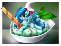 Size: 1600x1200 | Tagged: safe, artist:kruszynka25, oc, oc only, oc:ice mint, pegasus, pony, cute, female, food, happy, herbivore, heterochromia, ice cream, mint, mint chocolate chip, pirouette cookie, ponies in food, small, solo, sweet, wings