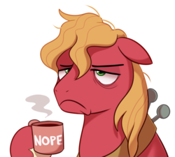 Size: 2500x2249 | Tagged: safe, artist:maren, big macintosh, earth pony, pony, g4, bags under eyes, bust, coffee mug, cup, floppy ears, frown, high res, hoof hold, male, mug, nope, portrait, simple background, solo, stallion, tired, white background
