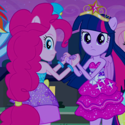 Size: 570x570 | Tagged: safe, screencap, fluttershy, pinkie pie, rainbow dash, twilight sparkle, equestria girls, g4, my little pony equestria girls, bare shoulders, big crown thingy, clothes, cropped, dress, duo focus, fall formal outfits, female, holding hands, jewelry, ponied up, regalia, sleeveless, strapless, tiara, twilight ball dress, twilight sparkle (alicorn)
