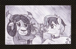 Size: 1024x654 | Tagged: safe, artist:animationfanatic, sandbar, yona, earth pony, pony, yak, g4, bow, bowtie, cloven hooves, female, grayscale, hair bow, male, monkey swings, monochrome, pencil drawing, ship:yonabar, shipping, straight, teenager, traditional art