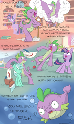 Size: 1800x3000 | Tagged: safe, artist:anotherdeadrat, lyra heartstrings, spike, twilight sparkle, dragon, pony, puffer fish, unicorn, g4, my little pony: the movie, secret of my excess, ball, book, bubble, chest fluff, exclamation point, faic, golden oaks library, hat, interrobang, magic, mop, no pupils, older, older spike, question mark, rhyme, rhyming, species swap, spike the pufferfish, stealing, telekinesis, thought bubble, underwater, unicorn twilight, winged spike, wings
